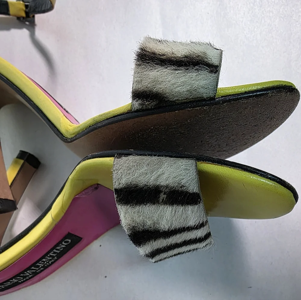 Mario Valentino Italy Zebra Print Calf Hair & Lime Green Leather Heel Sandals